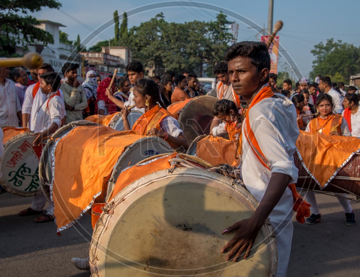 Great Maratha  Dol Tasha  or Traditional Drums Playing On Streets During Lord Hanuman Procession