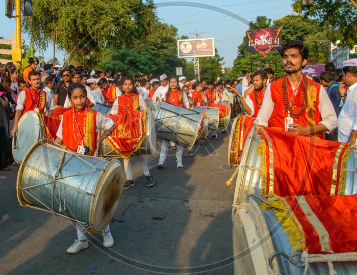 Great Maratha  Dol Tasha  or Traditional Drums Playing On Streets During The Ganesh Immersion on Ganesh Chaturdhi Festival