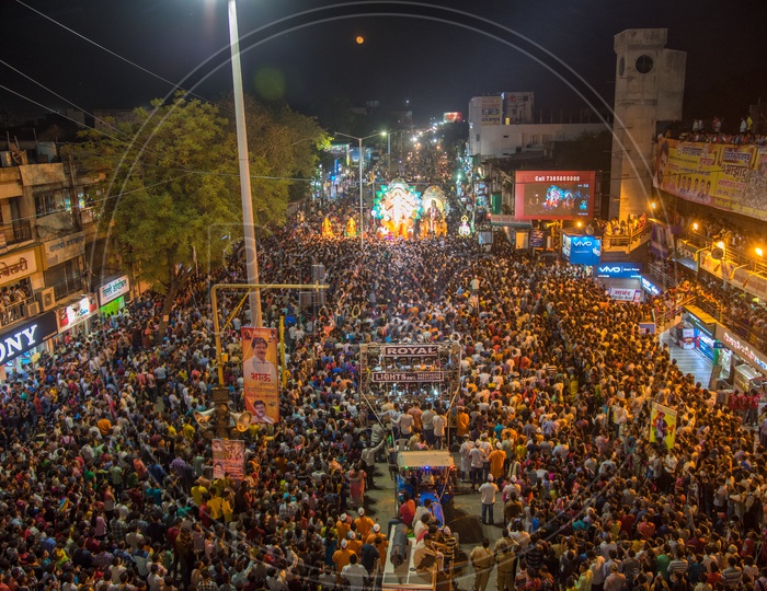 Crowd Filled Roads With Lord Ganesh Idols In Procession During the Immersion Event Of Ganesh Chaturdhi Festival