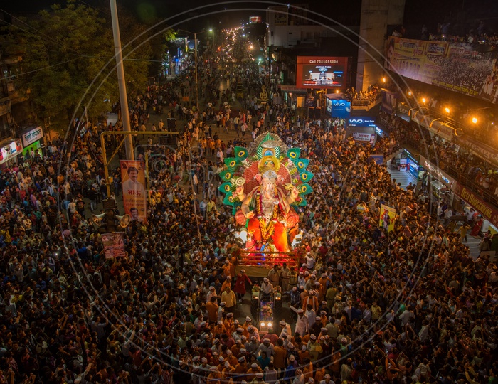Crowd Filled Roads With Lord Ganesh Idols In Procession During the Immersion Event Of Ganesh Chaturdhi Festival