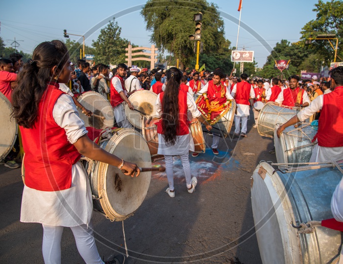 Great Maratha  Dol Tasha  or Traditional Drums Playing On Streets During The Ganesh Immersion on Ganesh Chaturdhi Festival