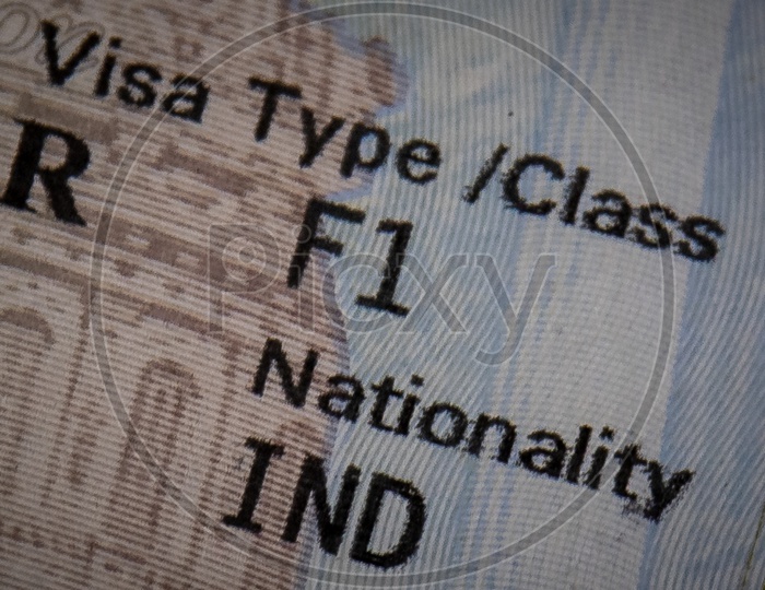 Fragment of F1 VISA  For USA Students  Or USA Student VISA  On an Indian National Passport Closeup