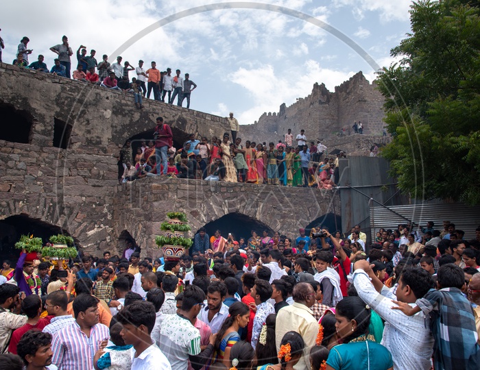 Crowd Or Devotees At Golconda Fort  On The Occasion Of Bonalu Offering Festival To Goddess Sri Jagadamba Mahankali