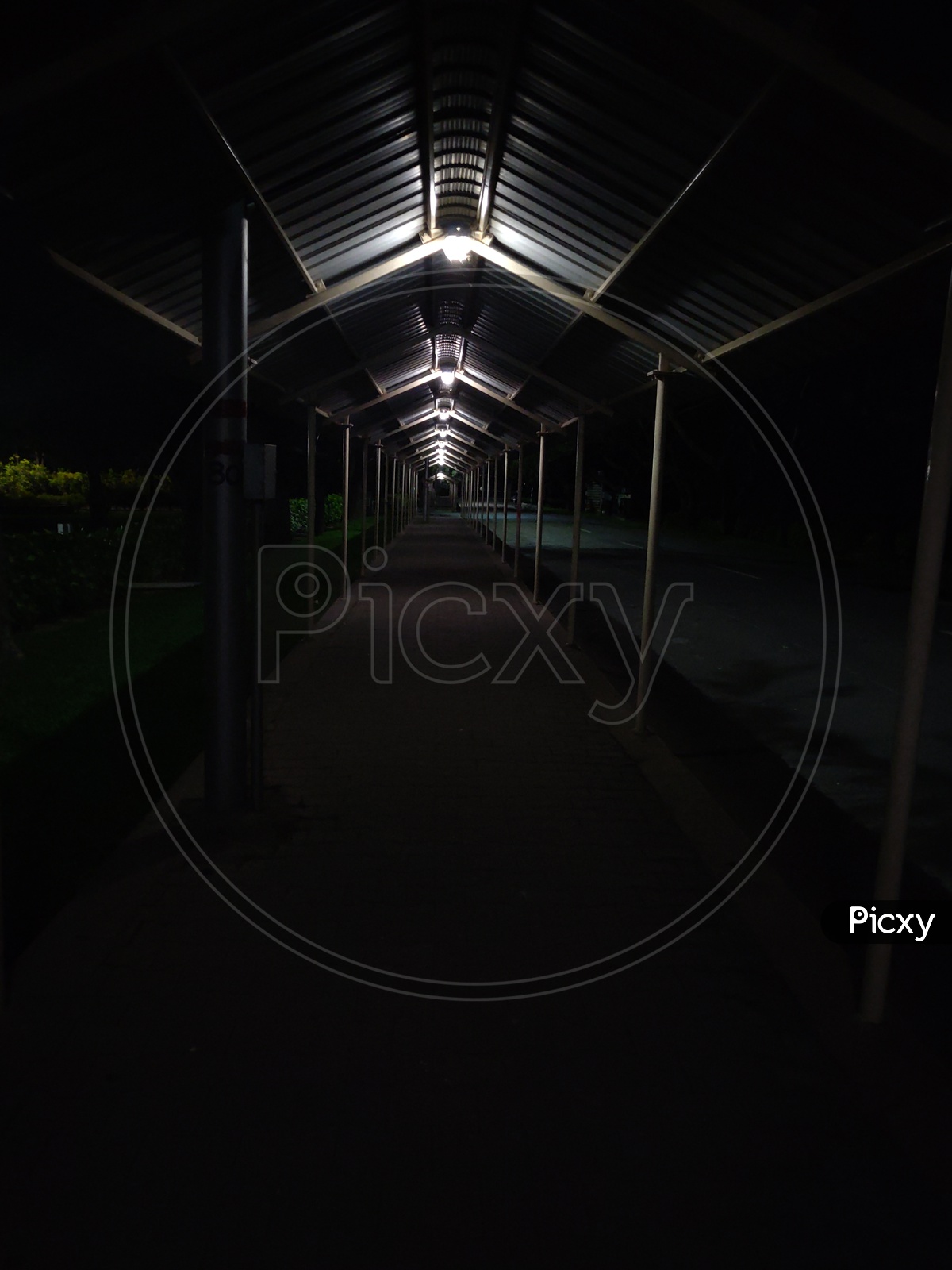 Footpath with lights and a shed in the dark