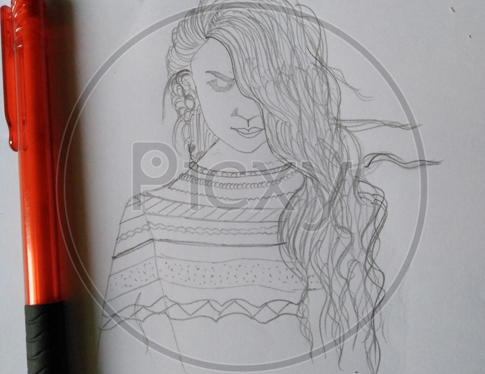 Drawing of an Girl With Pencil On White Paper