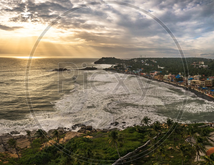 Aerial view of kovalam beach during sunset