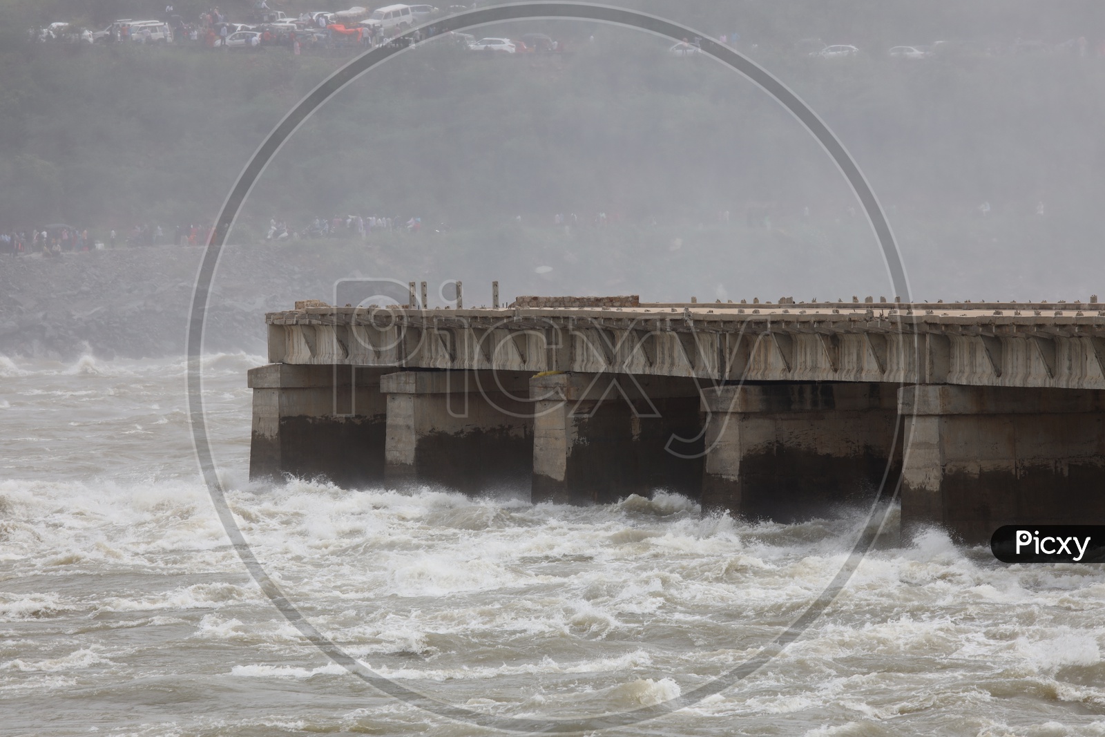 Water Currents Striking  The Broken Bridge  near Nagarjuna Sagar Dam  Due To Heavy Flood Of Water