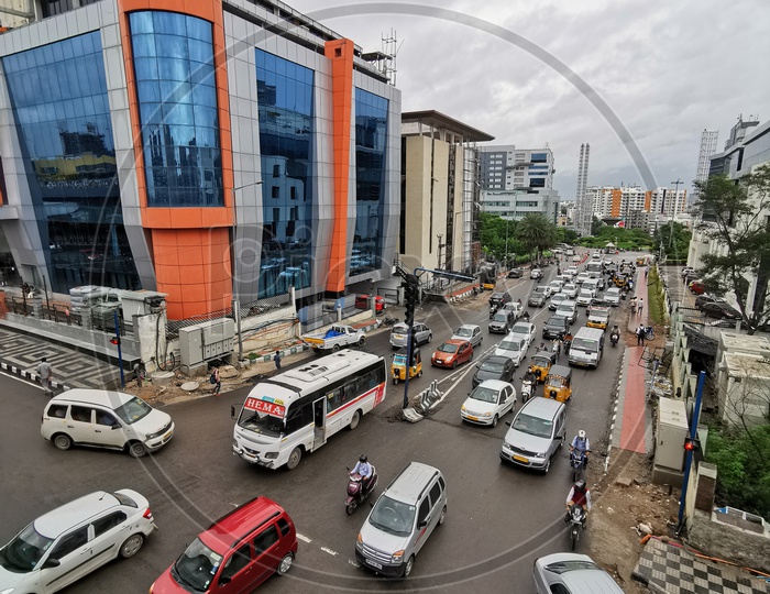 Traffic With Moving Vehicles on The Roads At Hitech City