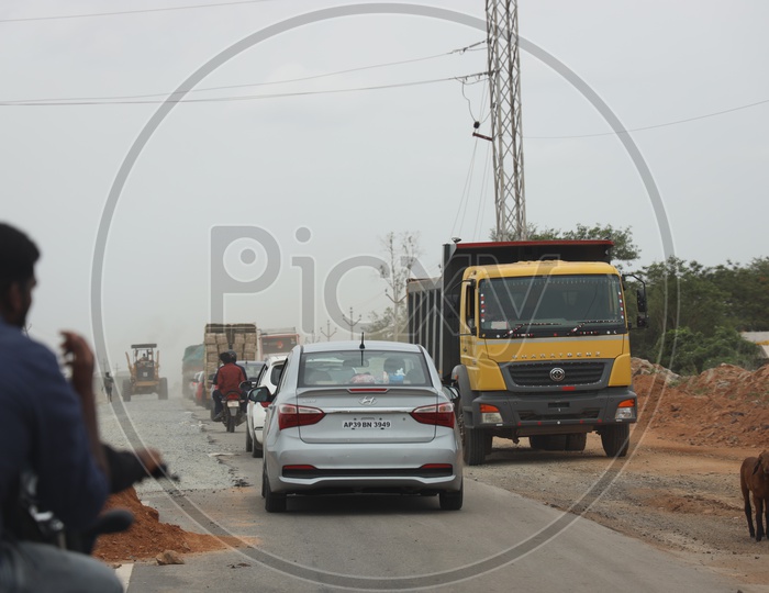Commuting Vehicles Taking Congested Rides Due of Road Renovation Works In State Highway Roads