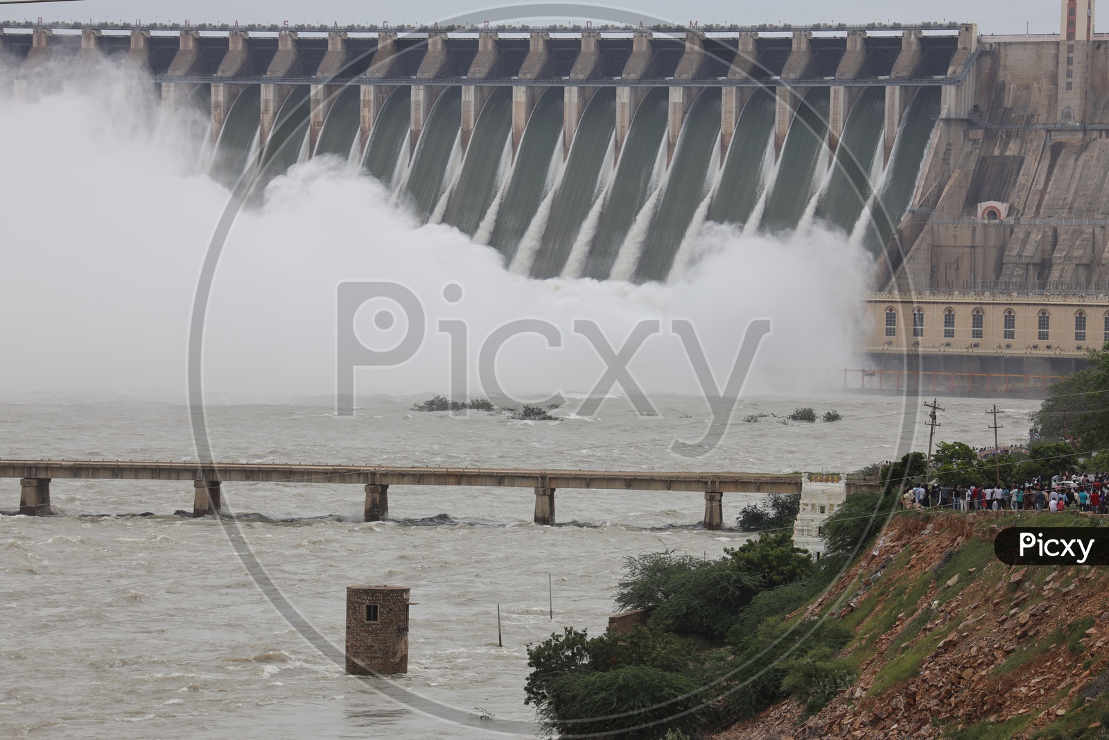 Nagarjuna  Sagar Dam Gates Opened water Gushing  View