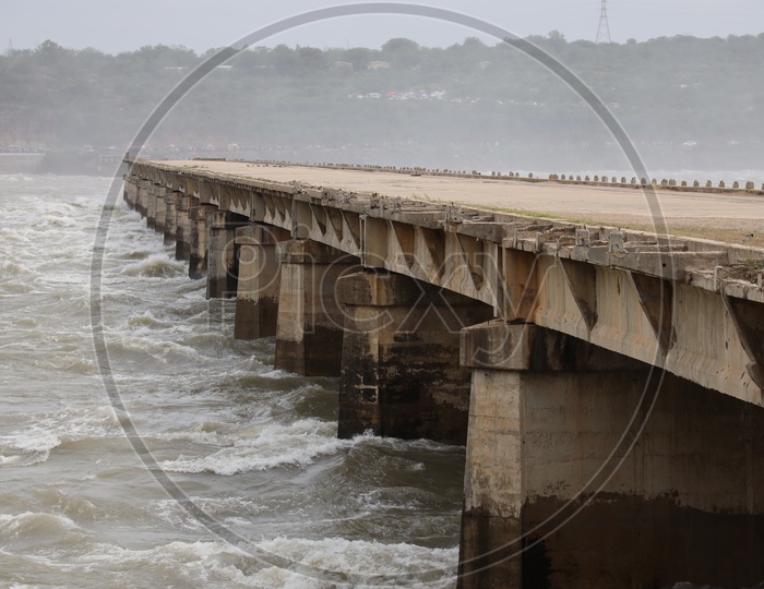 Water Currents Striking  The Broken Bridge  near Nagarjuna Sagar Dam  Due To Heavy Flood Of Water