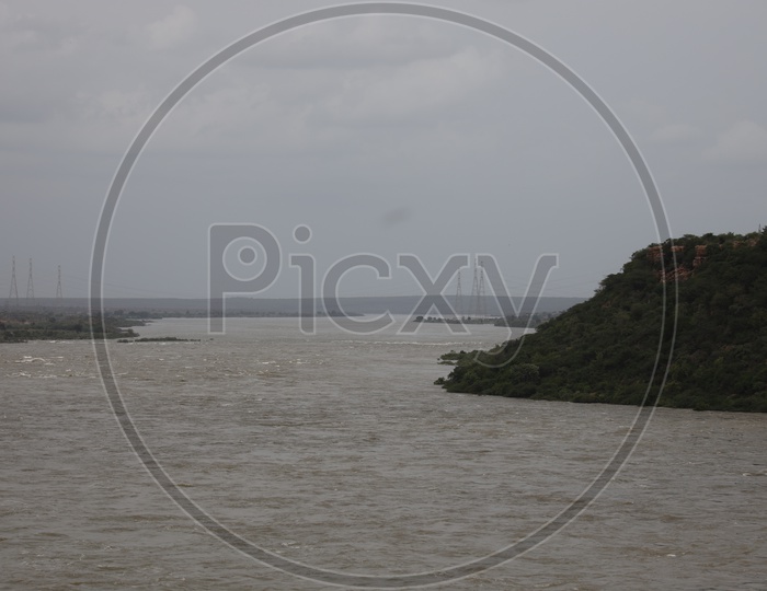 Water Flowing At Full Strength With Currents Due to Heavy Floods To Nagarjuna Sagar Dam