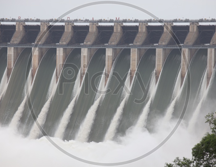 Nagarjuna  Sagar Dam Gates Opened water Gushing  View