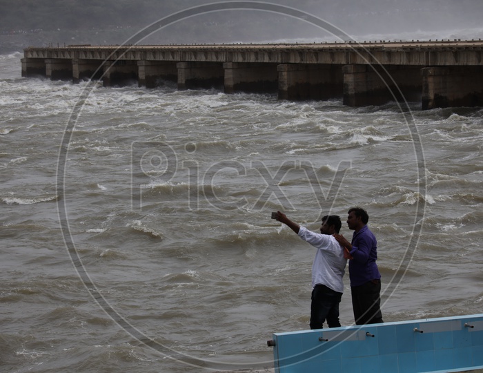 Visitors Taking Selfies at the Water Current Due to Heavy Flood at Nagarjuna Sagar Dam