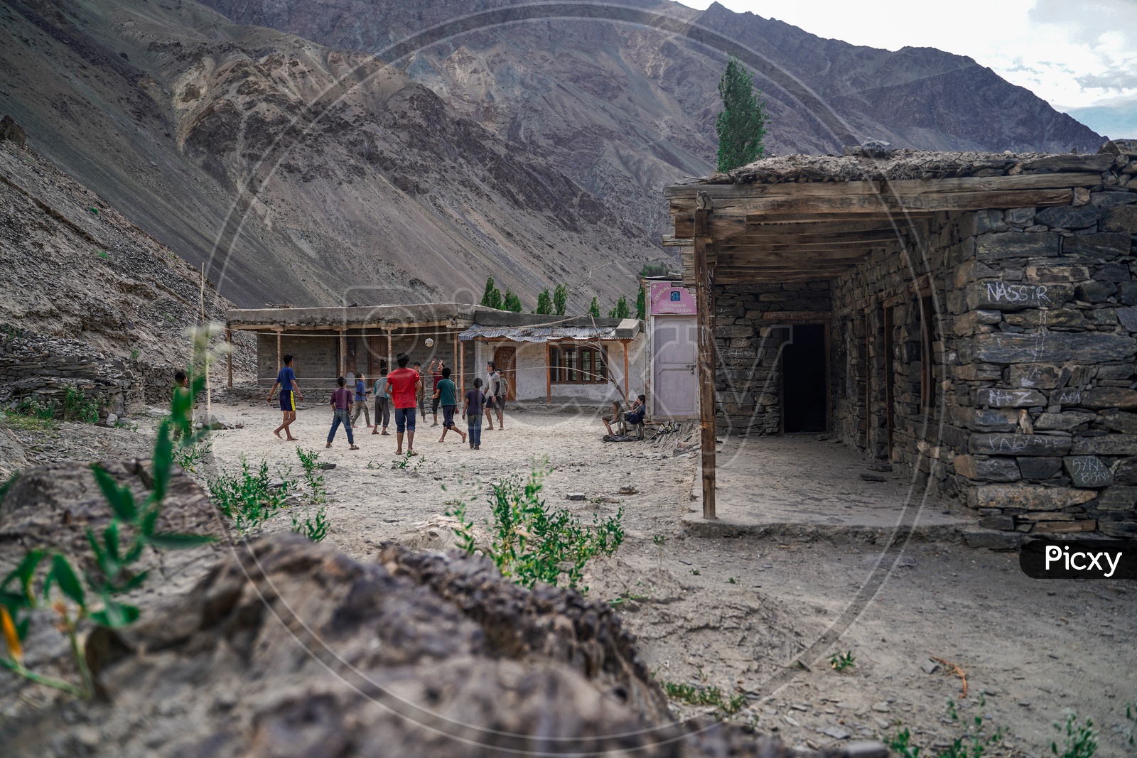 Children Playing Volleyball In the Rural Village school of Leh