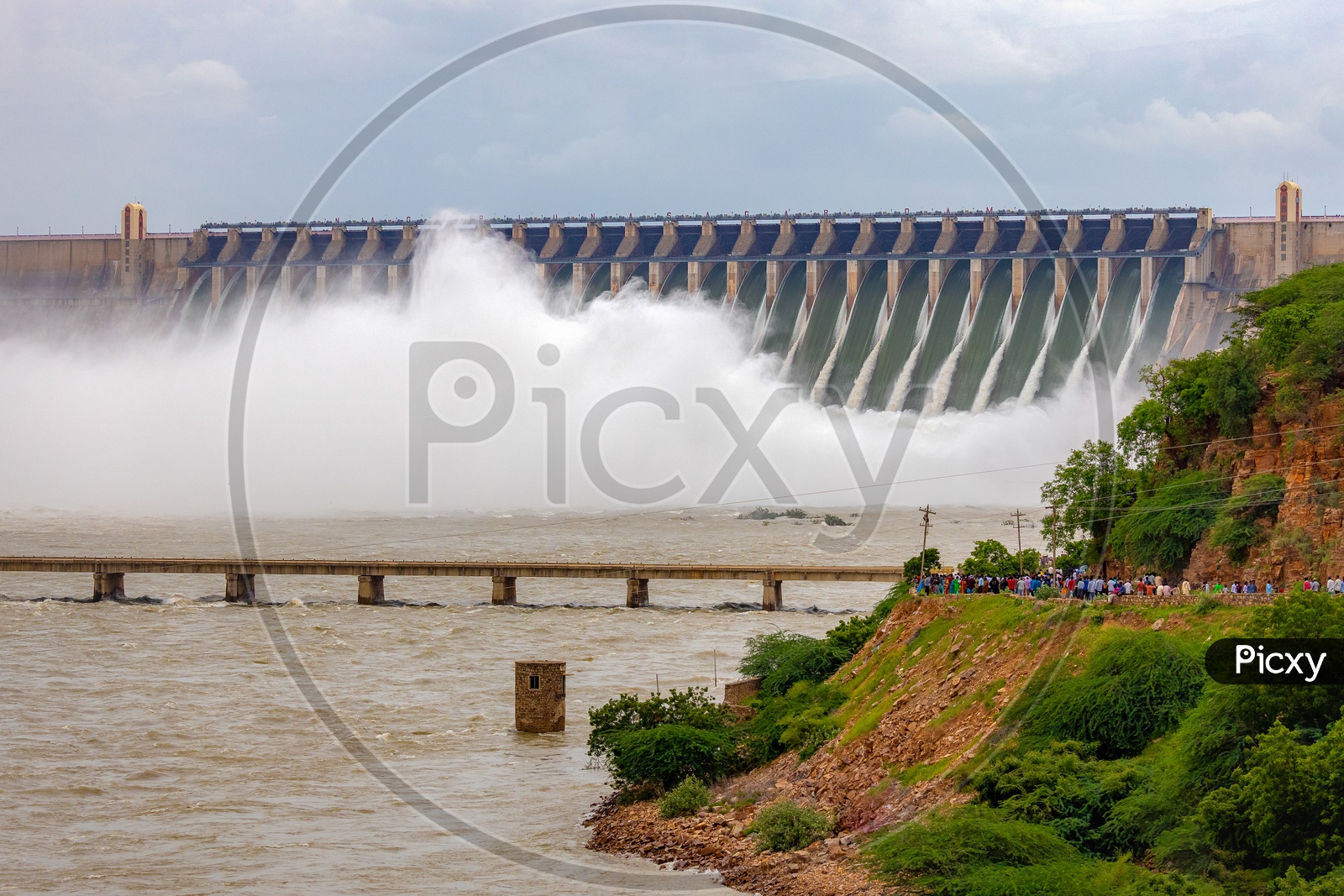 Nagarjuna Sagar Dam as the gates opened water gushing
