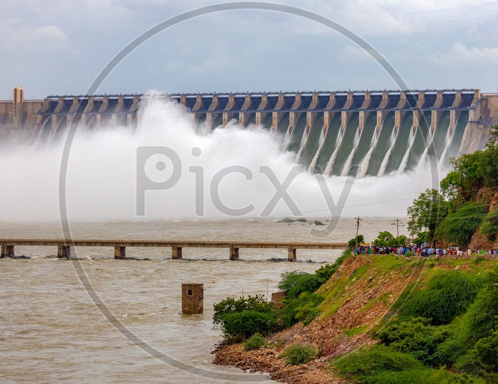 Nagarjuna Sagar Dam as the gates opened water gushing