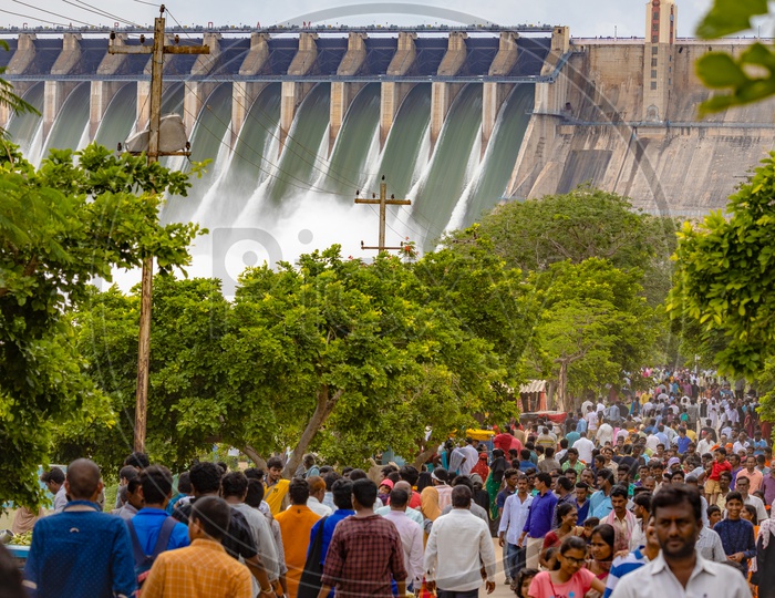 Visitors at Nagarjuna Sagar Dam as the gates opened water gushing