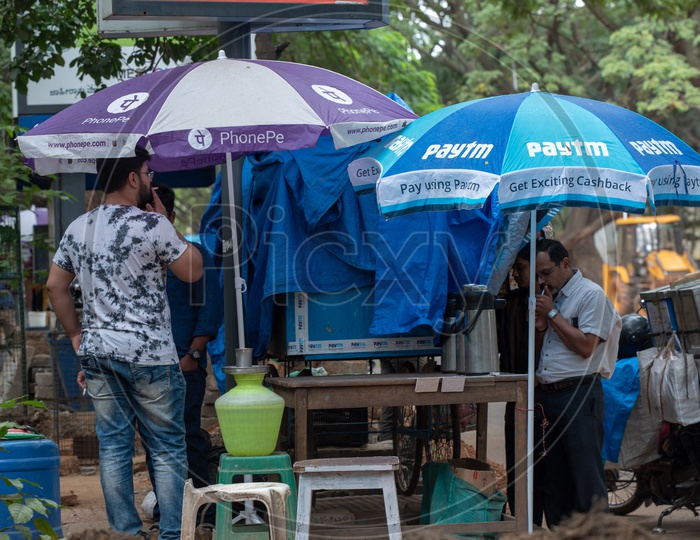 Phonepe paytm promotional umbrellas at pit shops in Bangalore city