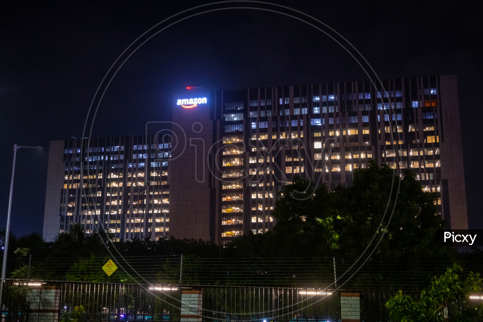 Straight view of Amazon Hyderabad Campus Building shot in the night