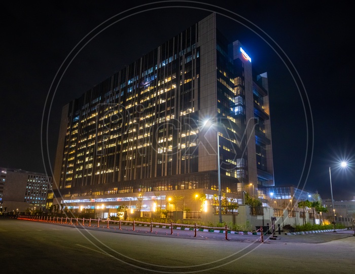 Wide Angle view of Amazon Hyderabad Campus Building shot in the night