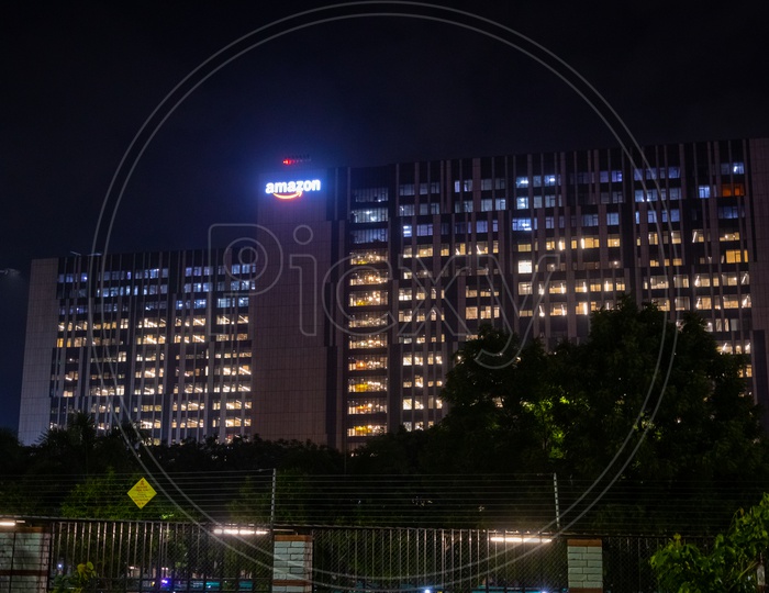 Straight view of Amazon Hyderabad Campus Building shot in the night
