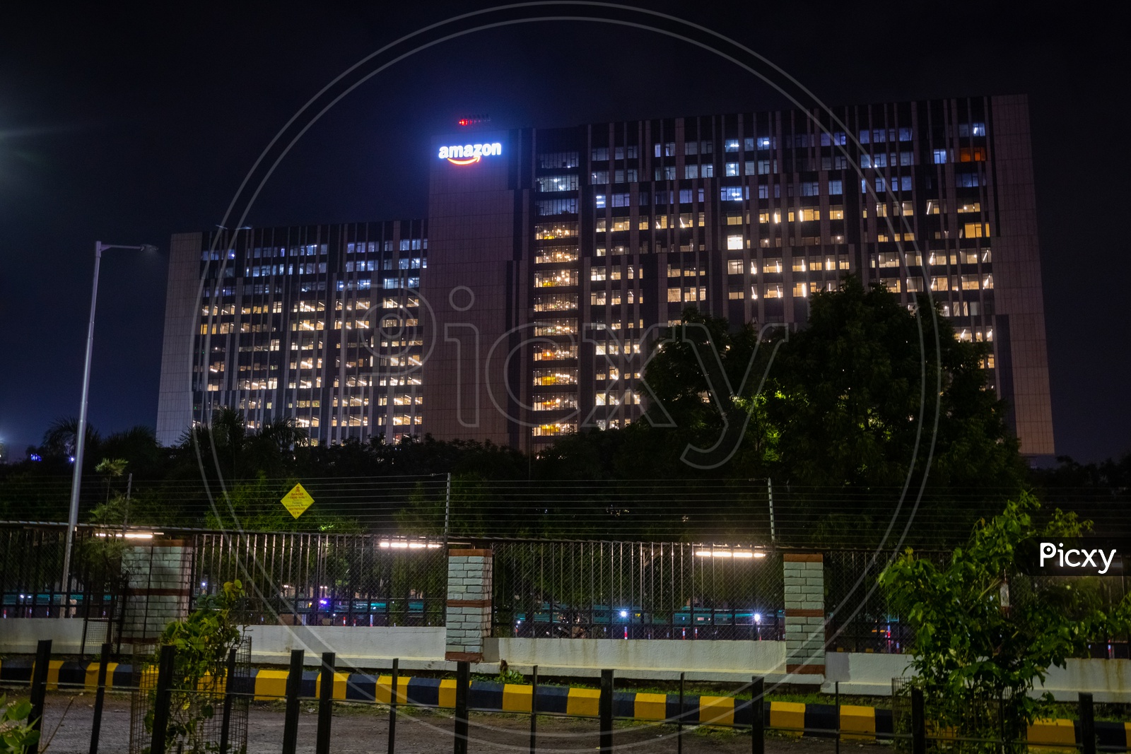 Straight View of Amazon Hyderabad Campus Building shot in the night