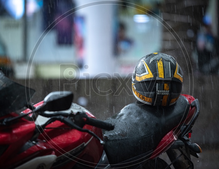 A bike helmet in Rain