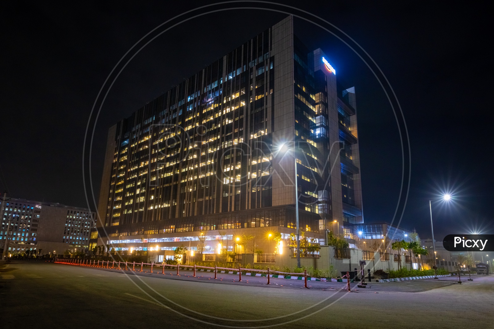 Wide Angle view of Amazon Hyderabad Campus Building shot in the night