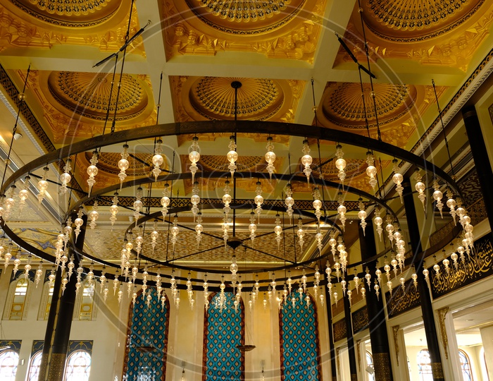 Hanging chandelier at Katara Masjid