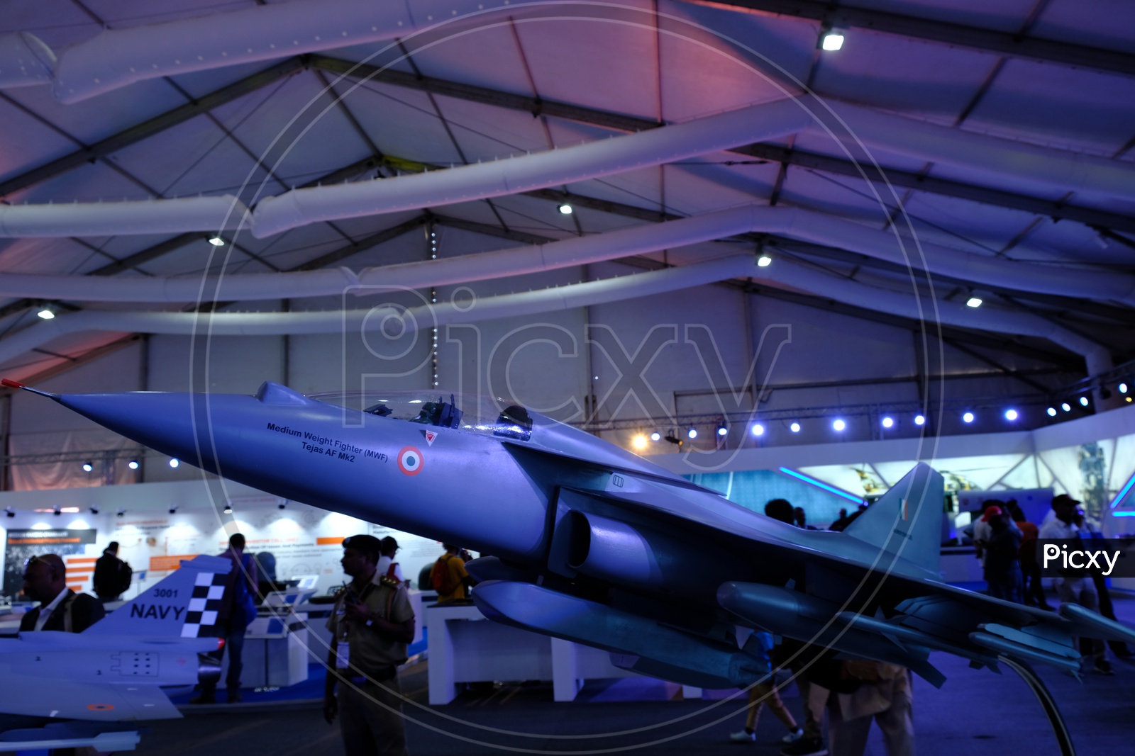 A model of HAL Tejas Mk 2 Medium Weight Fighter (MWF) with Canards showcased at Aero India 2019