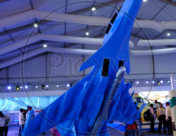 A model of Sukhoi Su 30Mki with Brahmos missile showcased at Aero India 2019