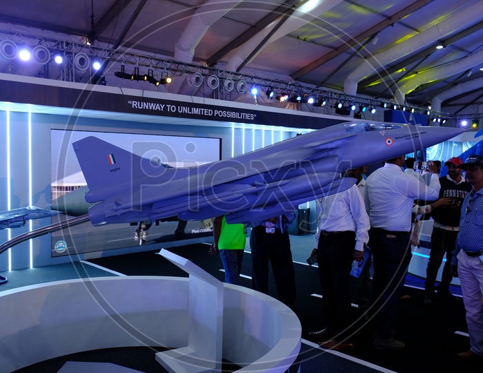A model of HAL Tejas Mk 2 Medium Weight Fighter (MWF) showcased at Aero India 2019