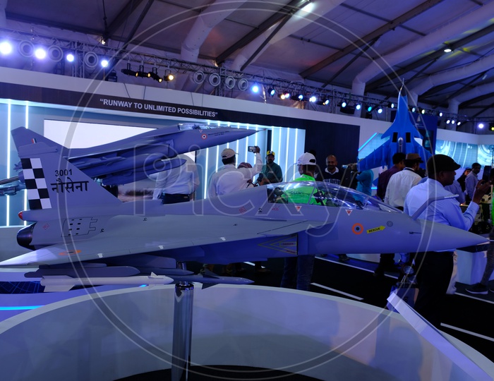 A model of HAL Tejas Navy Version showcased at Aero India 2019