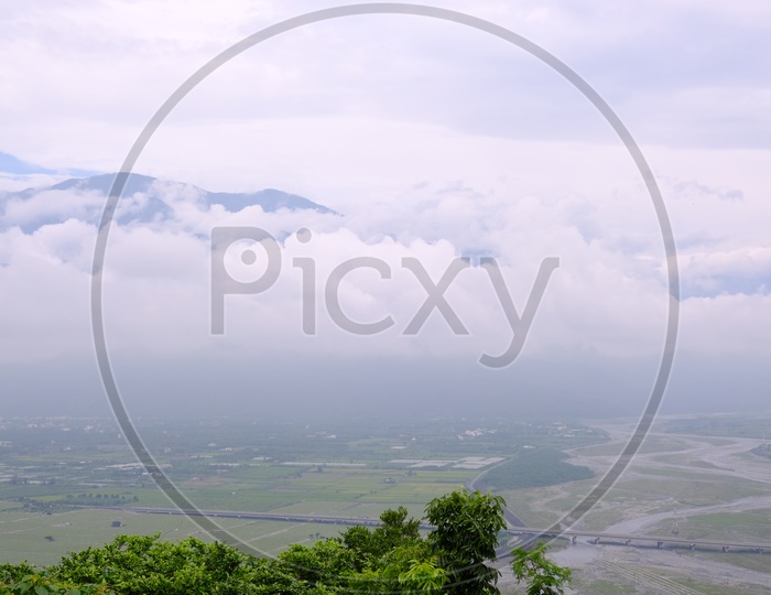 Landscapes of Hualien City with Mountains Covered with Fog
