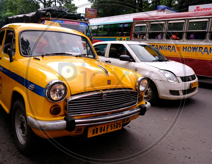 Yellow Ambassador Taxi on Kolkata  Roads