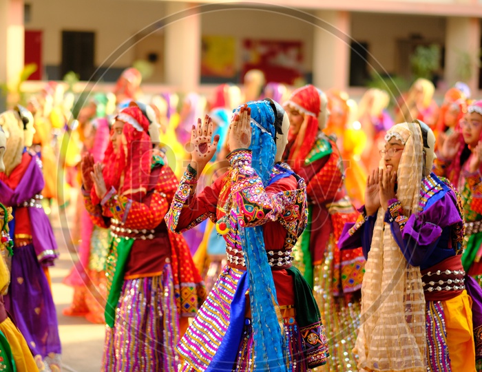 Indian Girl Students In Tribal Girls  Outfits And Dancing  In a School Fest