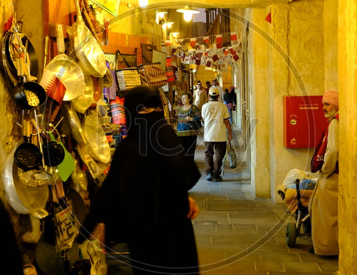 Tourists Shopping in the Narrow Streets in Doha, Qatar