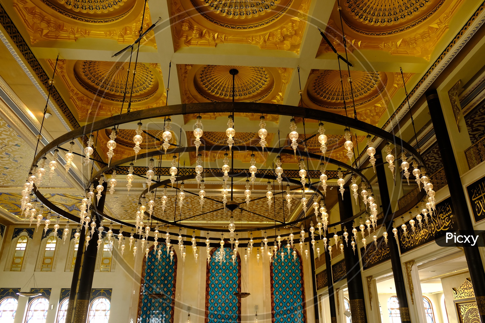 Hanging chandelier at Katara Masjid
