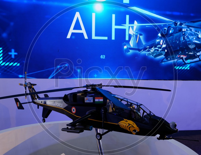 A model of Light Combat Helicopter (LCH)  showcased at Aero India 2019