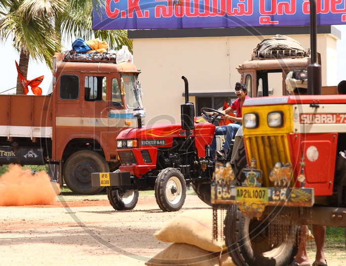 Indian Actor Ravi Teja on Tractor
