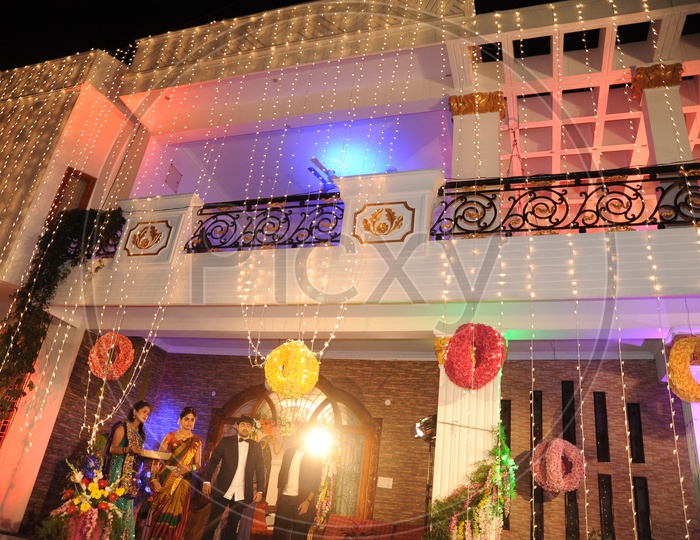 Decorated stages With Fresh Flowers And Led Lights For Indian Functions