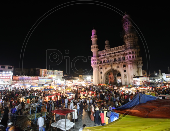 Busy Charminar Street With Vendor Stalls  During Ramdan Ramzan Season