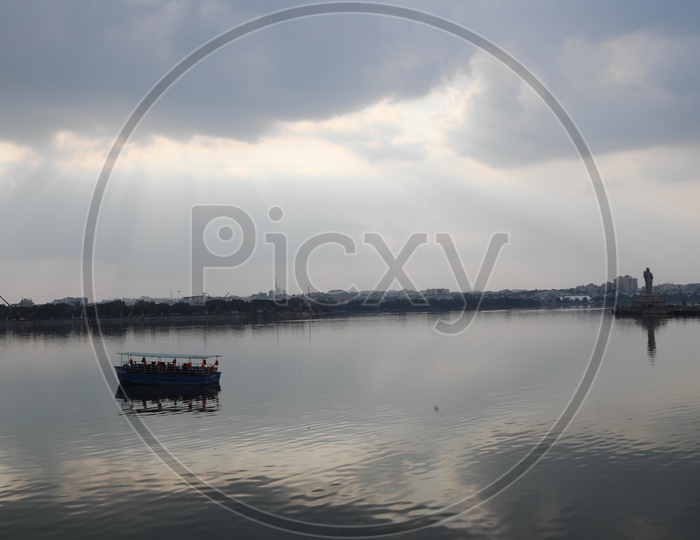 Tourism Boats In Hussain Sagar Lake By Telangana Tourism Near Buddha Statue at Tankbund