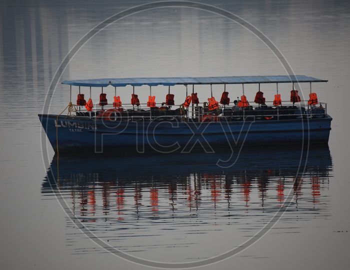 Tourism Boats In Hussain Sagar Lake By Telangana Tourism Near Buddha Statue at Tankbund