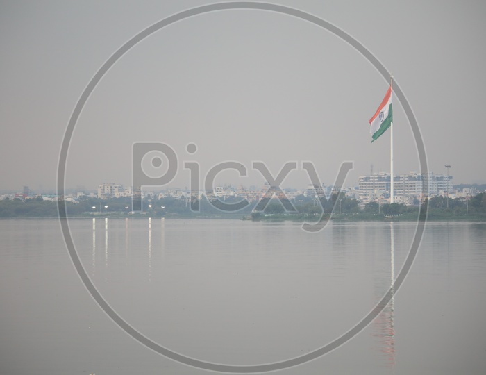 Indian Flag Post With Hussain Sagar