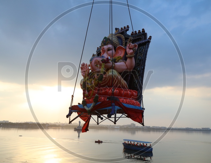 Ganesh Idols Visarjan Nimarjan With Heavy Cranes In Hussain sagar Lake At Tankbund  During Ganesh festival