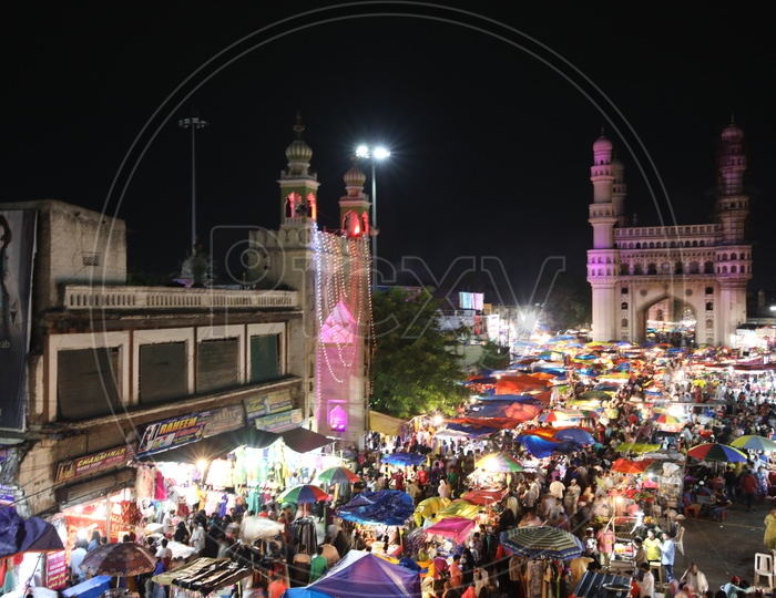 Busy Charminar Streets With Vendor Stalls In Randan  Ramzan Season