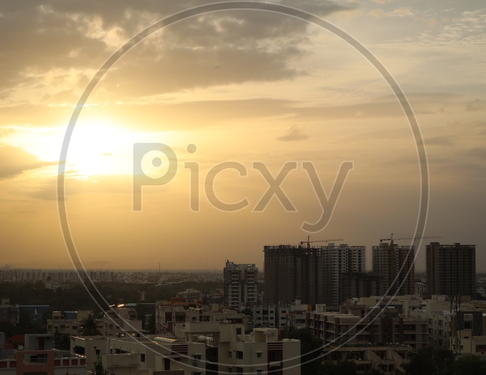 City Scape With high rise Buildings  With Sunset Sky In Background