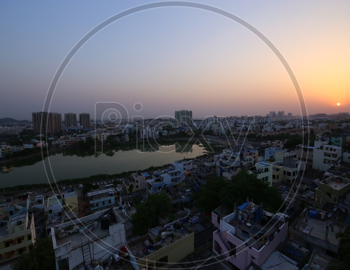 Image of Hyderabad Cityscape with sunset overlooking Sheikpet